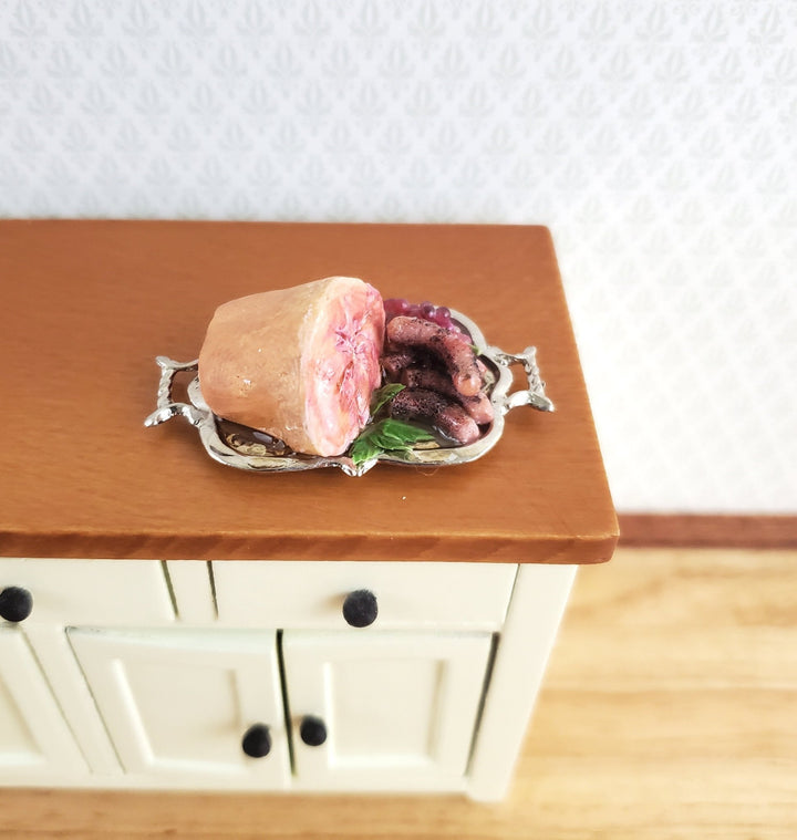 Dollhouse Ham with Sausages on Silver Platter 1:12 Scale Food Miniature Kitchen Falcon - Miniature Crush
