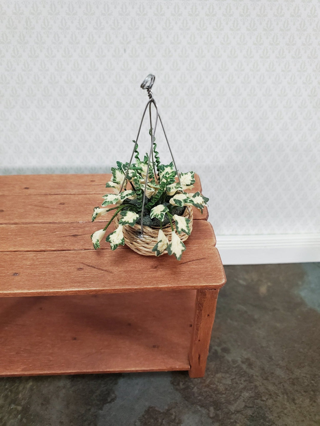 Dollhouse Hanging Plant Variegated English Ivy in Natural Basket 1:12 Scale Miniature - Miniature Crush