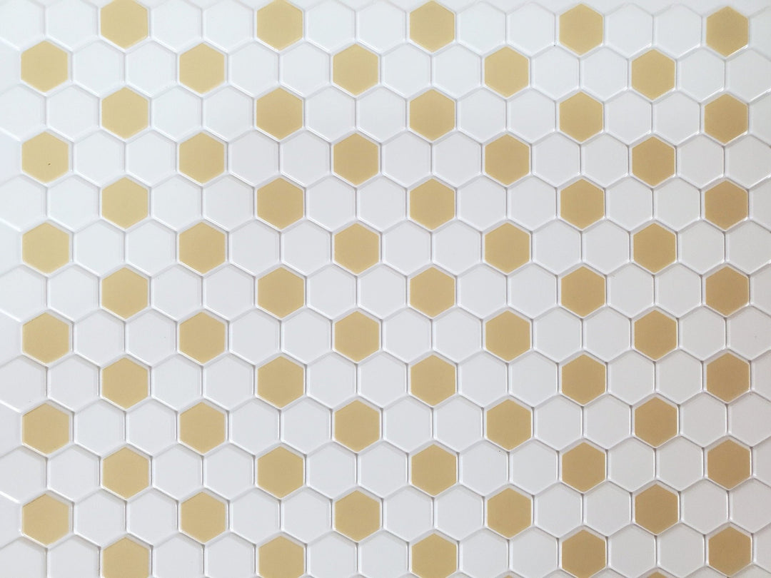 Dollhouse Hexagon Vinyl Tile Flooring Embossed Beige on White Floor 1:12 Scale Miniatures - Miniature Crush