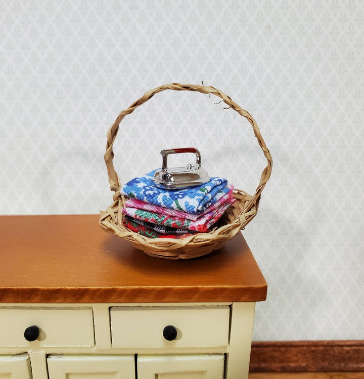 Dollhouse Iron with Folded Linens in Basket Set 1:12 Scale Miniature Laundry Room Decor - Miniature Crush