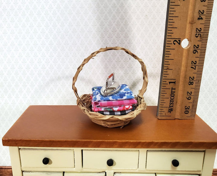 Dollhouse Iron with Folded Linens in Basket Set 1:12 Scale Miniature Laundry Room Decor - Miniature Crush