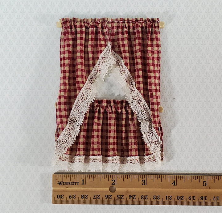 Dollhouse Kitchen Cafe Curtains Red Checked with Lace and Curtain Rod 1:12 Scale - Miniature Crush