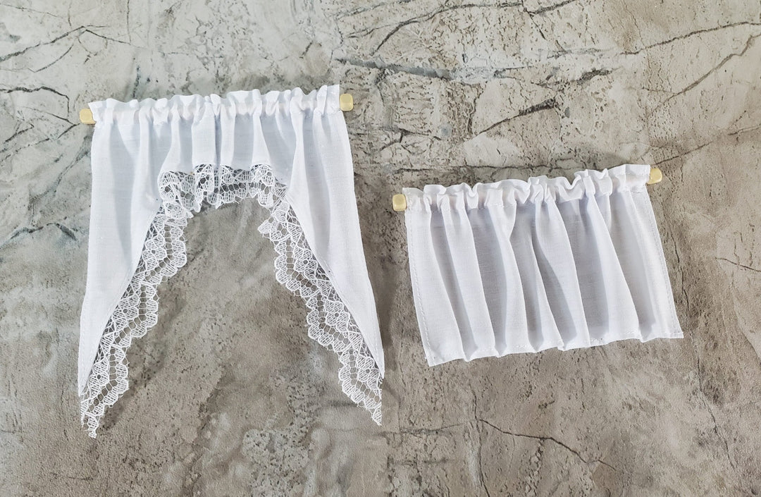 Dollhouse Kitchen Cafe Curtains White with Lace Curtain Rod 1:12 Scale - Miniature Crush
