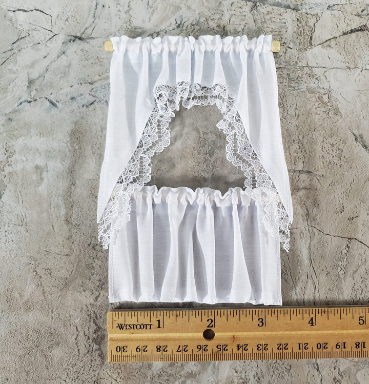 Dollhouse Kitchen Cafe Curtains White with Lace Curtain Rod 1:12 Scale - Miniature Crush