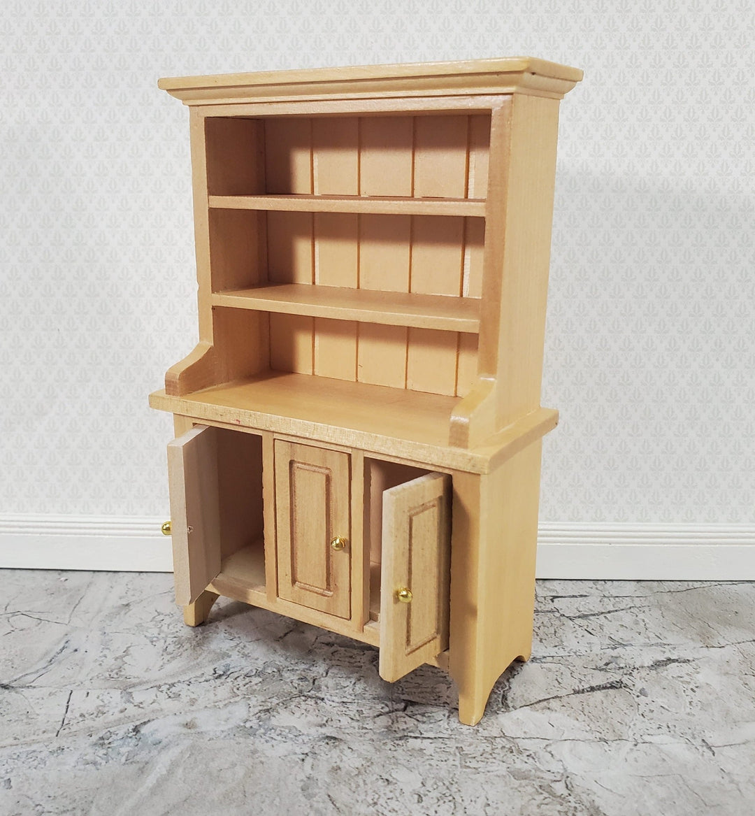 Dollhouse Kitchen Hutch Cabinet with Shelves Light Oak Finish 1:12 Scale Miniature Furniture - Miniature Crush