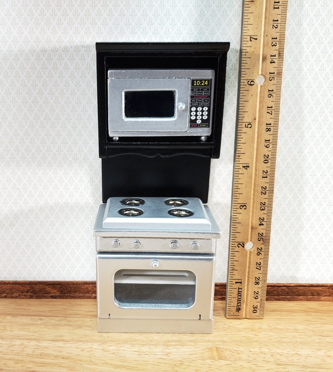 Dollhouse Kitchen Oven & Microwave Cabinet Modern 1:12 Scale Miniature Black Silver - Miniature Crush