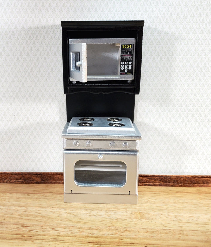 Dollhouse Kitchen Oven & Microwave Cabinet Modern 1:12 Scale Miniature Black Silver - Miniature Crush