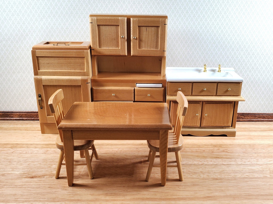 Dollhouse Kitchen Set Sink Fridge Table 1:12 Scale Furniture Light Oak Finish - Miniature Crush