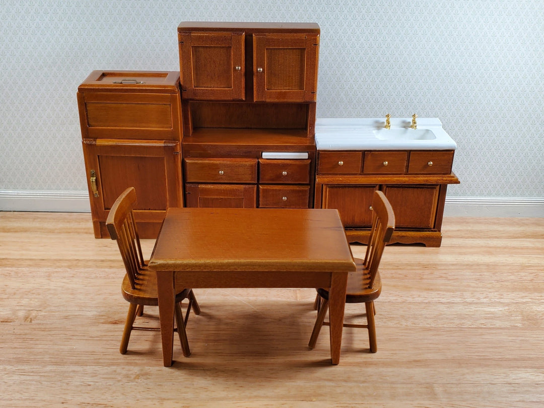 Dollhouse Kitchen Set Sink Fridge Table Chair 1:12 Scale Furniture Walnut Finish - Miniature Crush