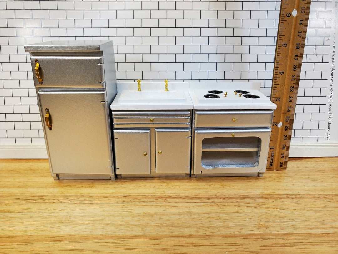 Dollhouse Kitchen Set Stove Refrigerator Sink Modern Silver 1:12 Scale Furniture - Miniature Crush