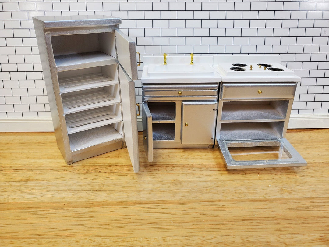 Dollhouse Kitchen Set Stove Refrigerator Sink Modern Silver 1:12 Scale Furniture - Miniature Crush
