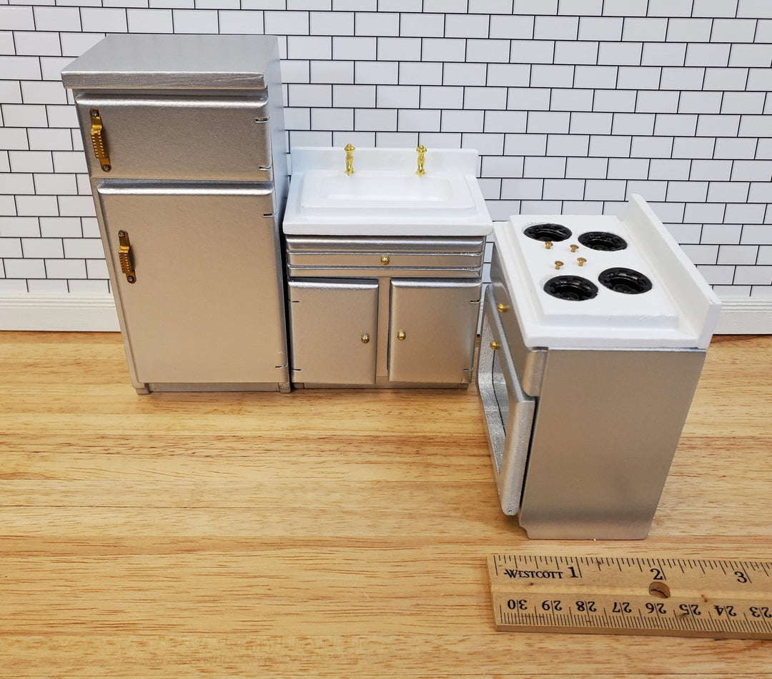 Dollhouse Kitchen Set Stove Refrigerator Sink Modern Silver 1:12 Scale Furniture - Miniature Crush