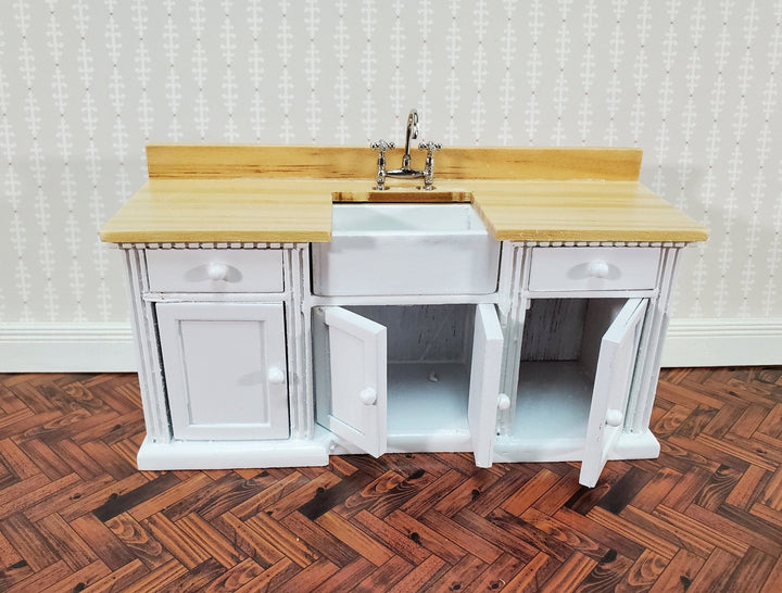 Dollhouse Kitchen Sink Cabinet 1:12 Scale Miniature White w/Light Oak Farmhouse Style - Miniature Crush