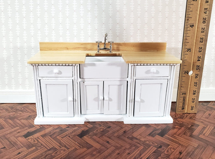 Dollhouse Kitchen Sink Cabinet 1:12 Scale Miniature White w/Light Oak Farmhouse Style - Miniature Crush