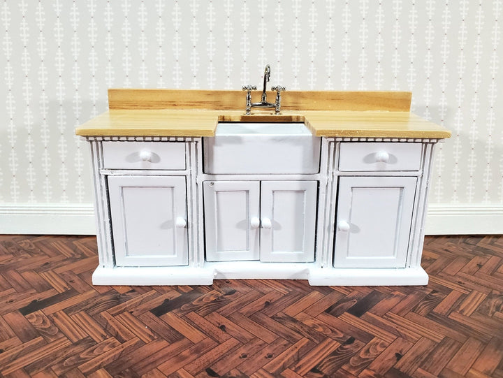 Dollhouse Kitchen Sink Cabinet 1:12 Scale Miniature White w/Light Oak Farmhouse Style - Miniature Crush