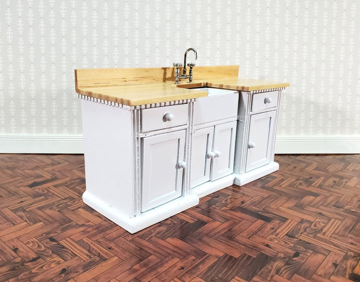 Dollhouse Kitchen Sink Cabinet 1:12 Scale Miniature White w/Light Oak Farmhouse Style - Miniature Crush