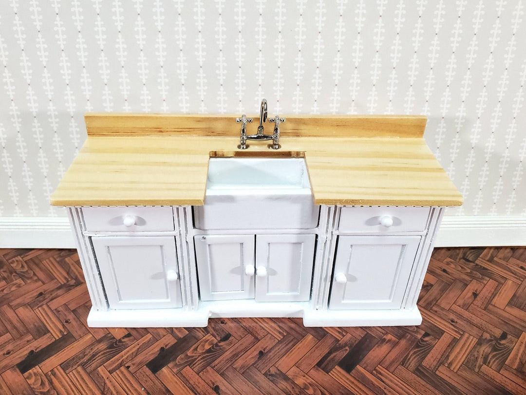 Dollhouse Kitchen Sink Cabinet 1:12 Scale Miniature White w/Light Oak Farmhouse Style - Miniature Crush