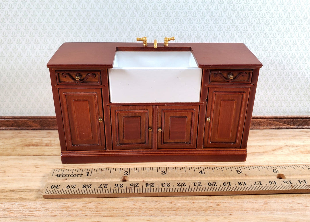 Dollhouse Kitchen Sink Farmhouse Cabinet Style Walnut 1:12 Scale Miniature - Miniature Crush