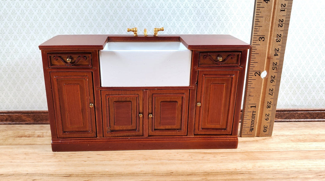 Dollhouse Kitchen Sink Farmhouse Cabinet Style Walnut 1:12 Scale Miniature - Miniature Crush