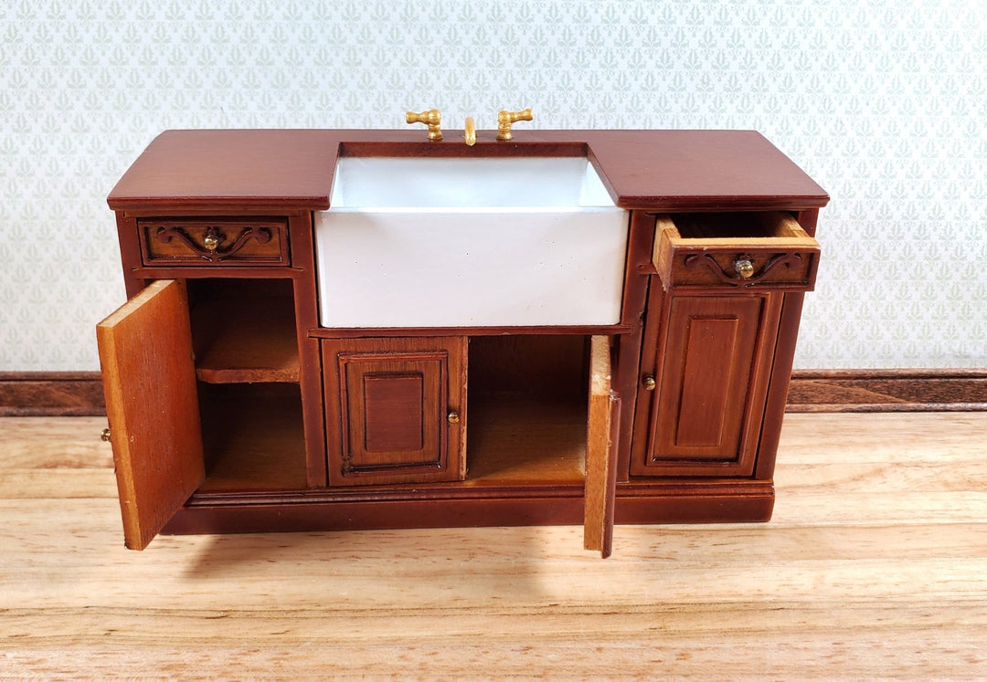 Dollhouse Kitchen Sink Farmhouse Cabinet Style Walnut 1:12 Scale Miniature - Miniature Crush