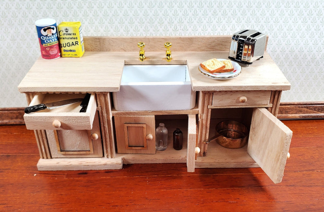 Dollhouse Kitchen Sink with Counter Cabinet 1:12 Scale Miniature Unpainted Wood - Miniature Crush