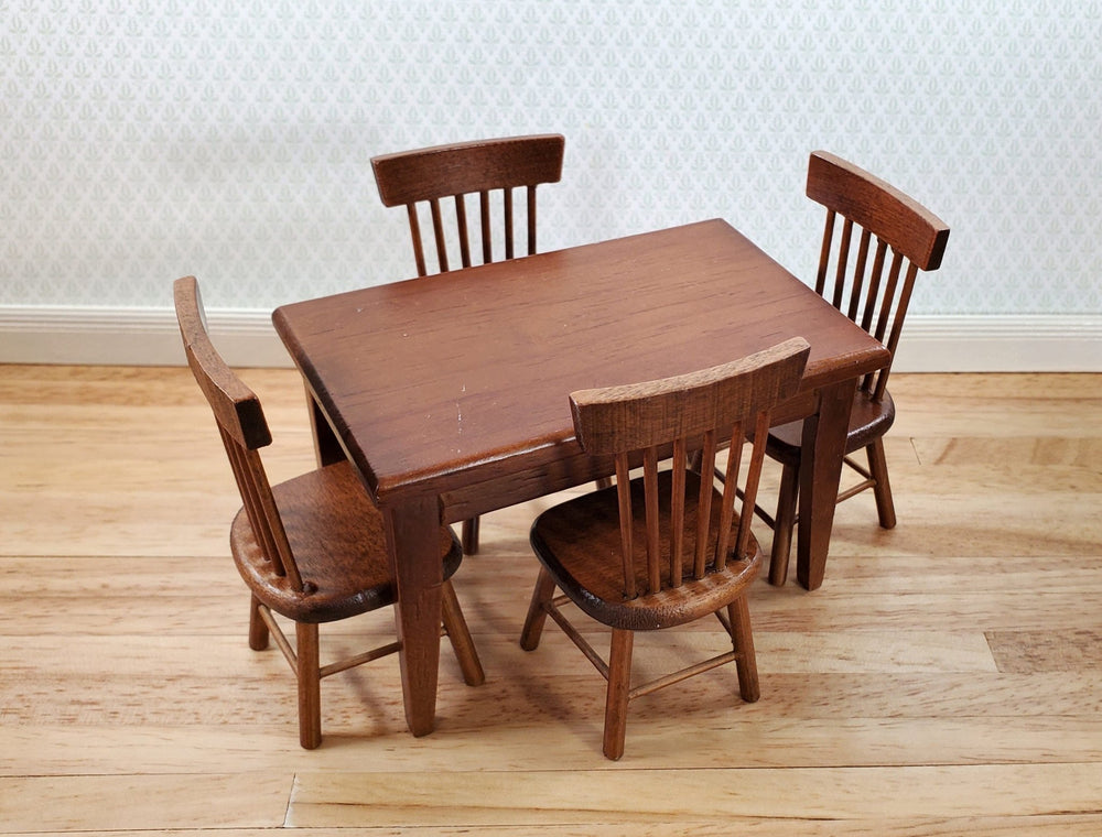 Dollhouse Kitchen Table with 4 Chairs Walnut Finish 1:12 Scale Miniature Furniture - Miniature Crush