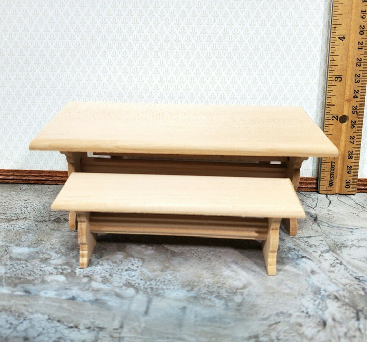 Dollhouse Kitchen Trestle Table + 2 Benches 1:12 Scale Unpainted Miniature - Miniature Crush