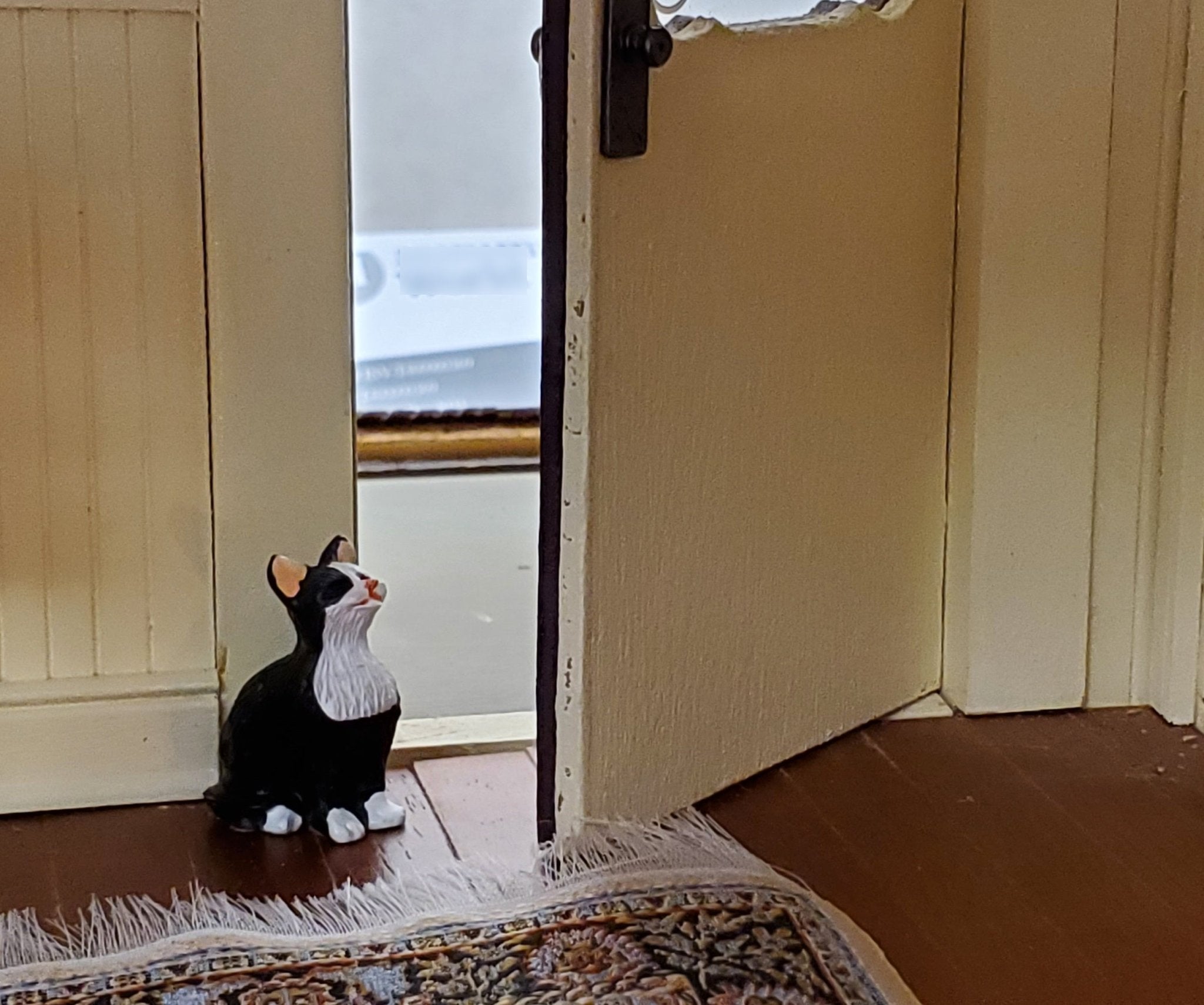 Dollhouse Kitty Cat Tuxedo Black and White Eyes Closed Sitting 1