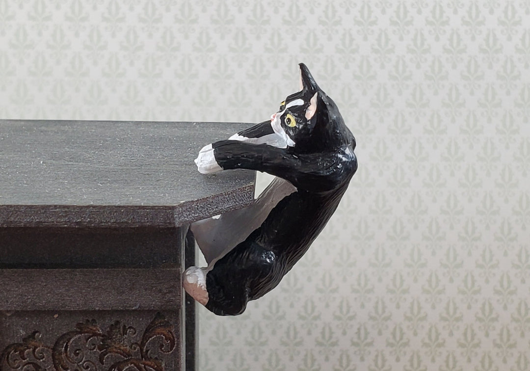 Dollhouse Kitty Cat Tuxedo Black White Mischievous Climbing 1:12 Scale Miniature - Miniature Crush