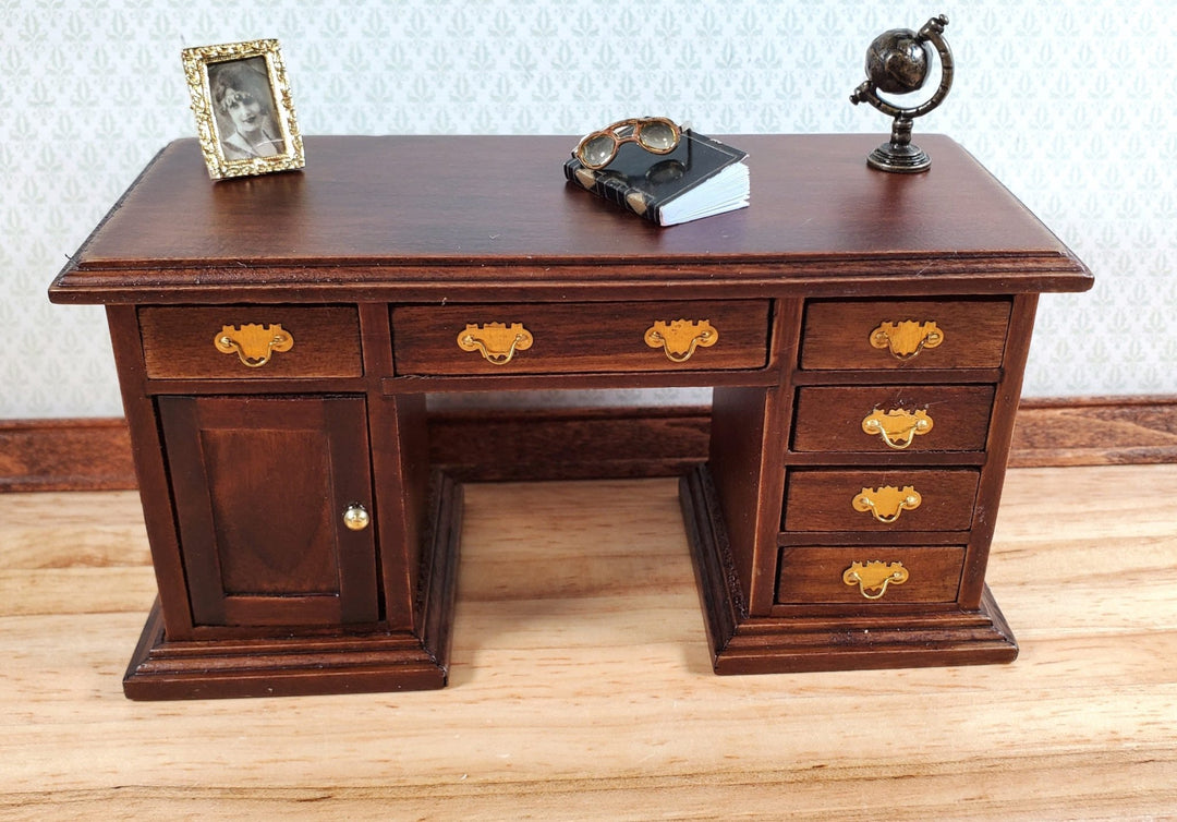 Dollhouse Kneehole Desk with 6 Drawers Walnut Finish 1:12 Scale Furniture - Miniature Crush