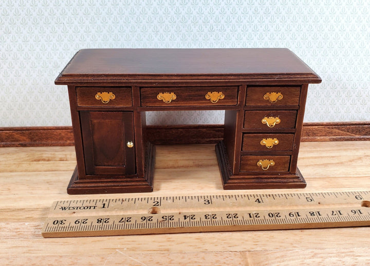 Dollhouse Kneehole Desk with 6 Drawers Walnut Finish 1:12 Scale Furniture - Miniature Crush