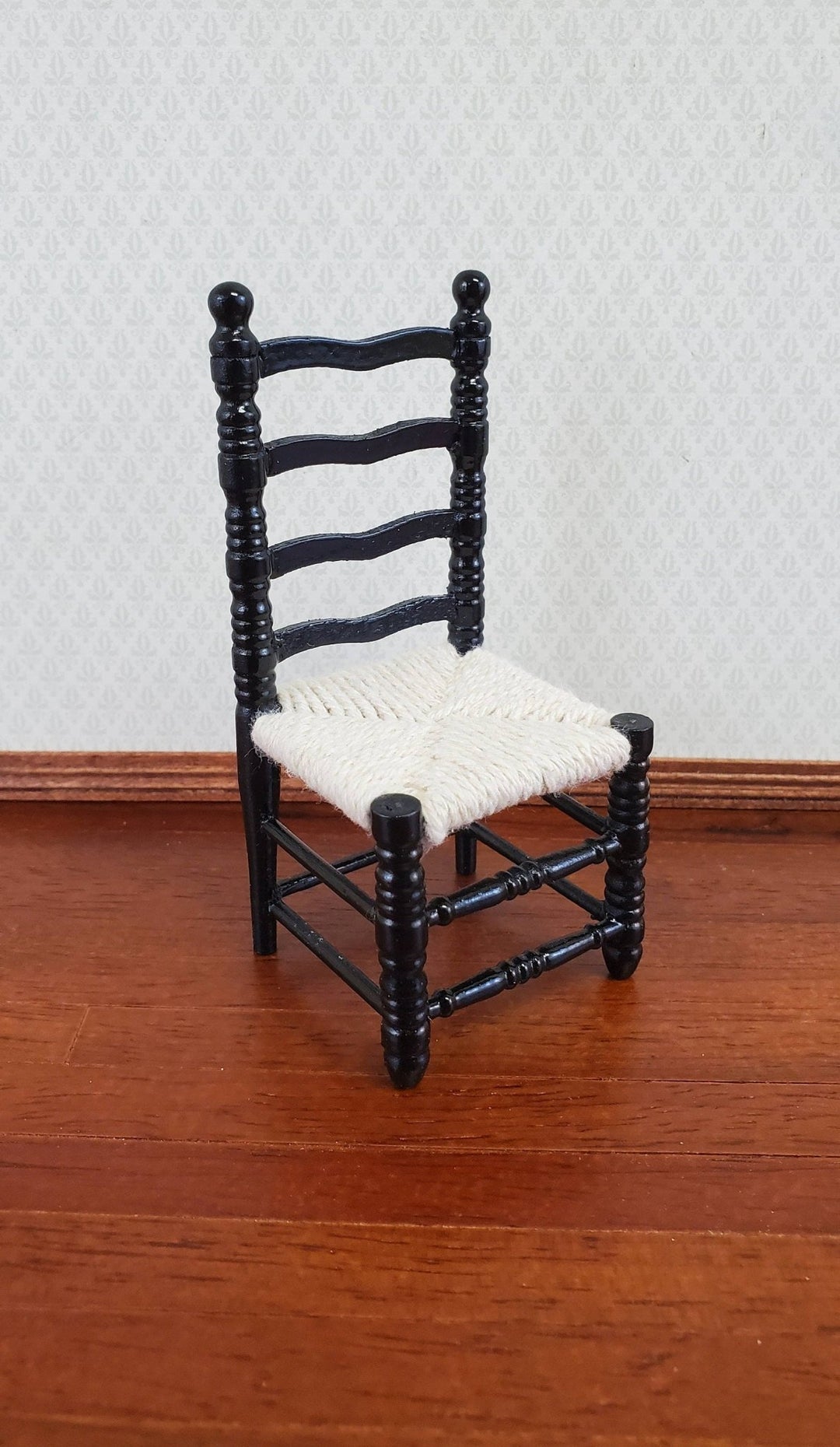 Dollhouse Ladderback Chair Turned Legs Rush Seat Black 1:12 Scale Miniature Furniture - Miniature Crush
