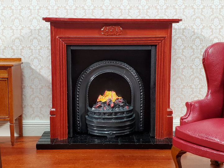 Dollhouse Large Fireplace with Fire Inside Mahogany Finish 1:12 Scale Miniature Furniture - Miniature Crush