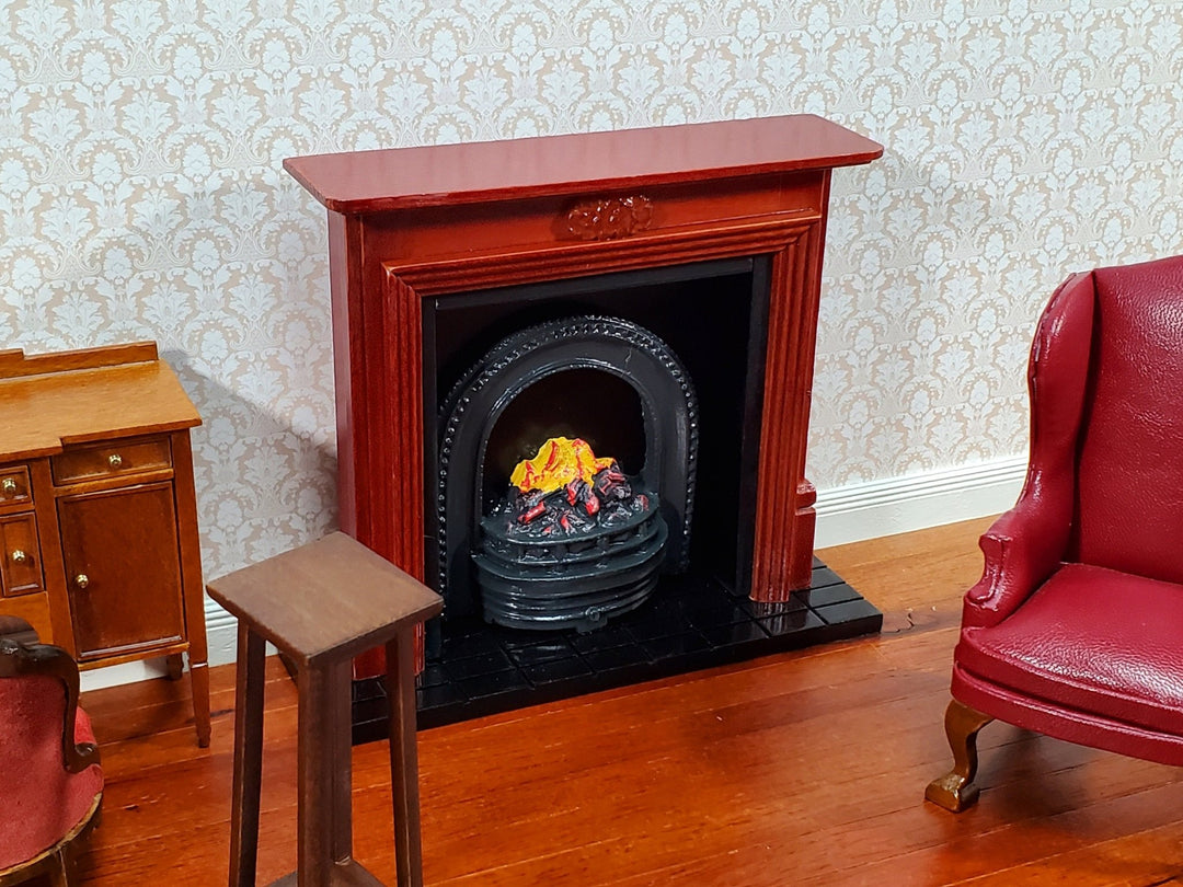 Dollhouse Large Fireplace with Fire Inside Mahogany Finish 1:12 Scale Miniature Furniture - Miniature Crush