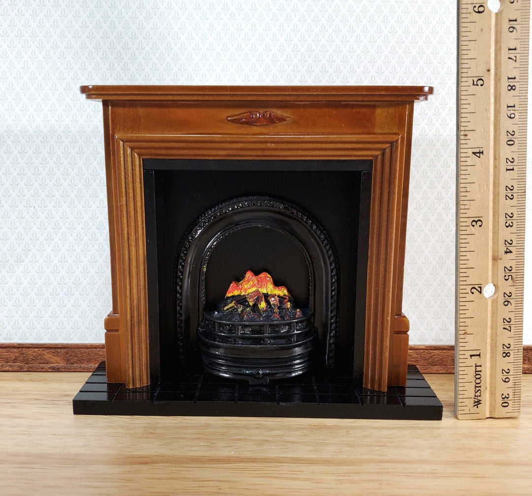 Dollhouse Large Fireplace with Fire Inside Walnut Finish 1:12 Scale Miniature Furniture - Miniature Crush