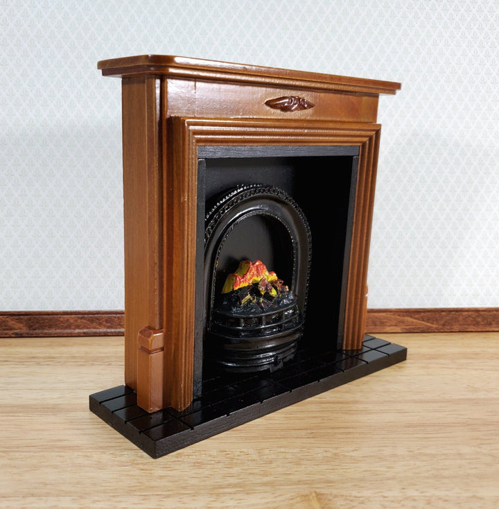 Dollhouse Large Fireplace with Fire Inside Walnut Finish 1:12 Scale Miniature Furniture - Miniature Crush