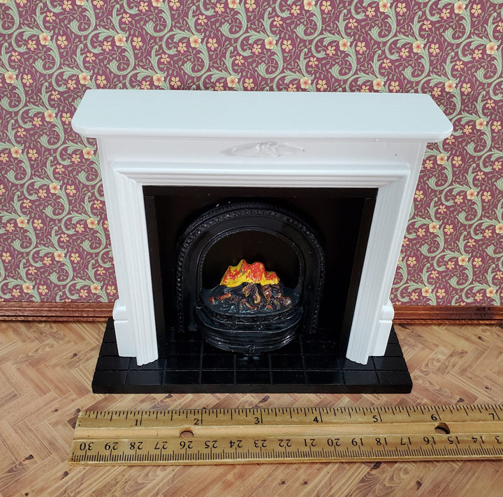 Dollhouse Large Fireplace with Fire Inside White Finish 1:12 Scale Miniature Furniture - Miniature Crush