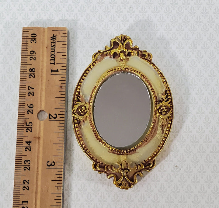 Dollhouse Large Mirror Oval Ornate Gold Cream Miniature Decor 3 5/16" x 2 1/8" - Miniature Crush