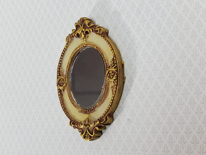 Dollhouse Large Mirror Oval Ornate Gold Cream Miniature Decor 3 5/16" x 2 1/8" - Miniature Crush