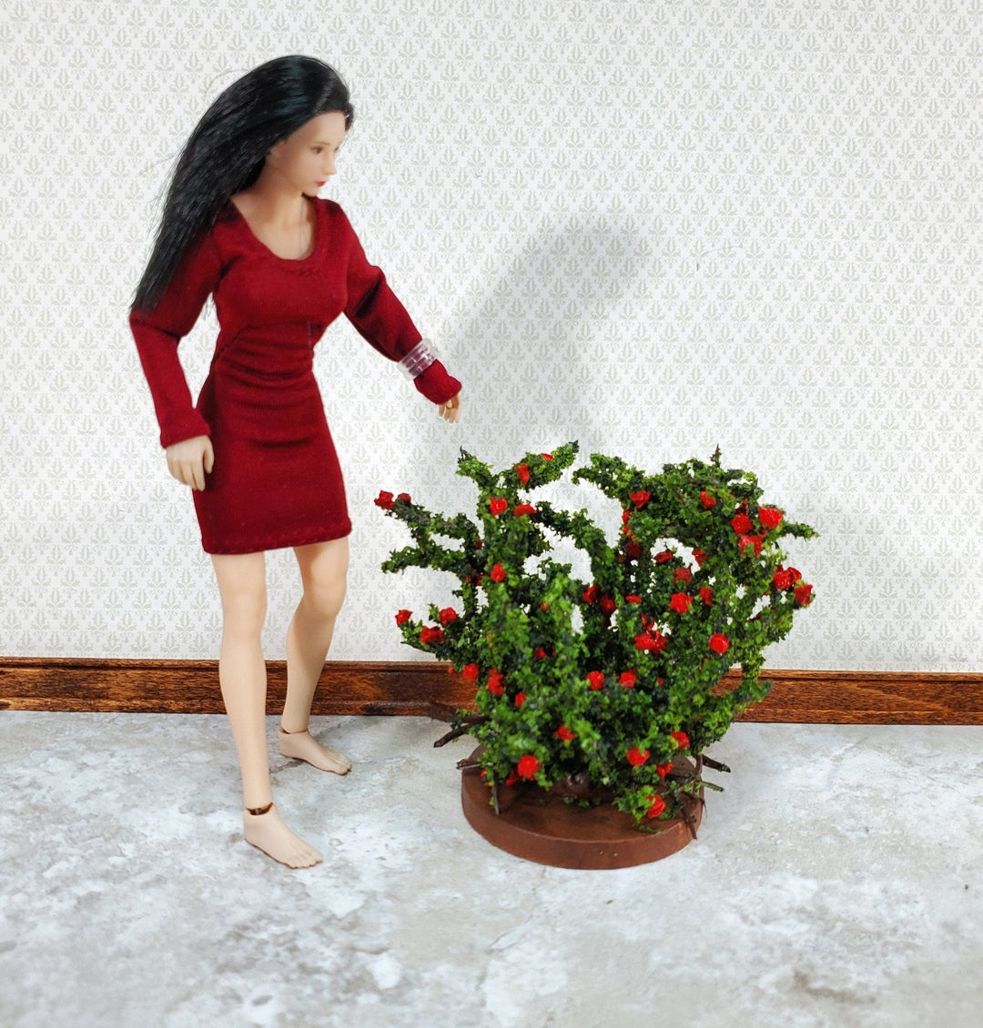 Dollhouse Large Rose Bush Red Flowering Shrub 1:12 Scale Miniature - Miniature Crush