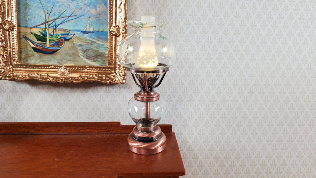 Dollhouse Light Hurricane Oil Lamp Battery Operated Copper 1:12 Scale Miniature - Miniature Crush