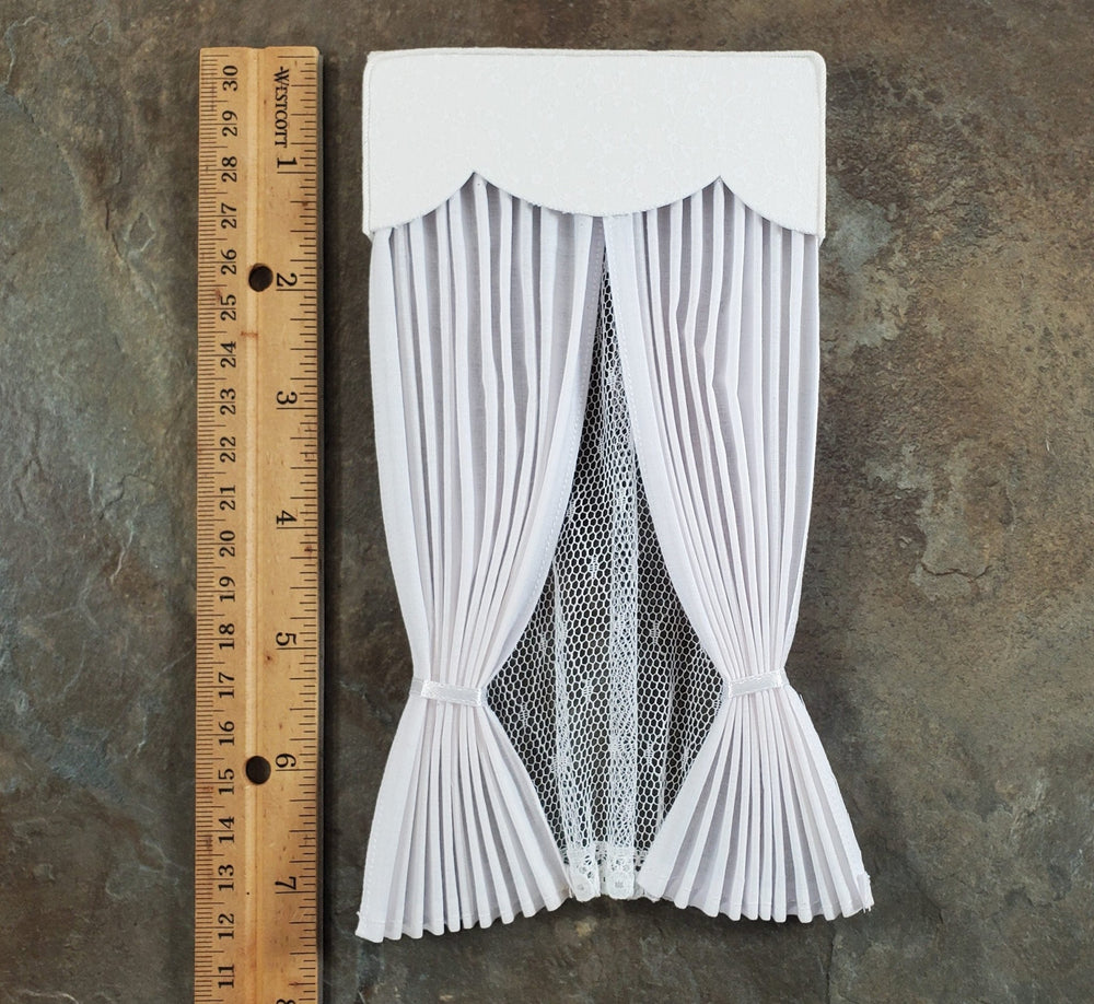 Dollhouse Long Curtains Pleated WHITE with Cornice and Lace 1:12 Scale Handmade - Miniature Crush