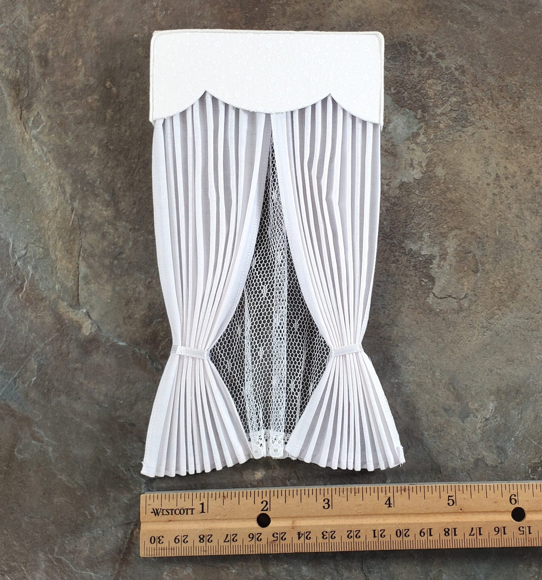 Dollhouse Long Curtains Pleated WHITE with Cornice and Lace 1:12 Scale Handmade - Miniature Crush