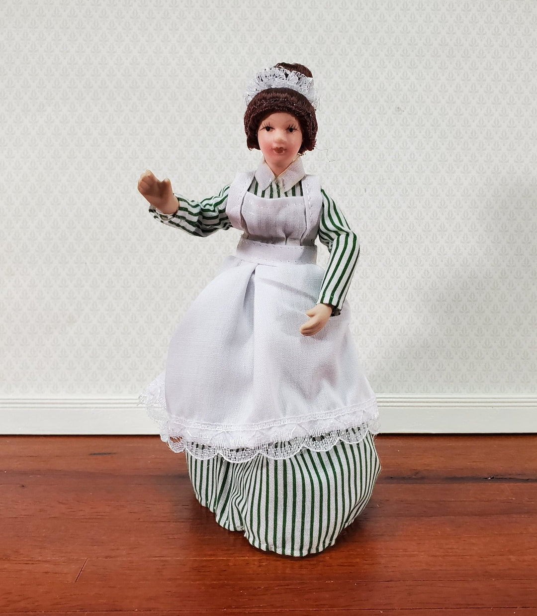 Dollhouse Maid Cook Housekeeper Striped Dress Doll Porcelain Poseable 1:12 Scale - Miniature Crush