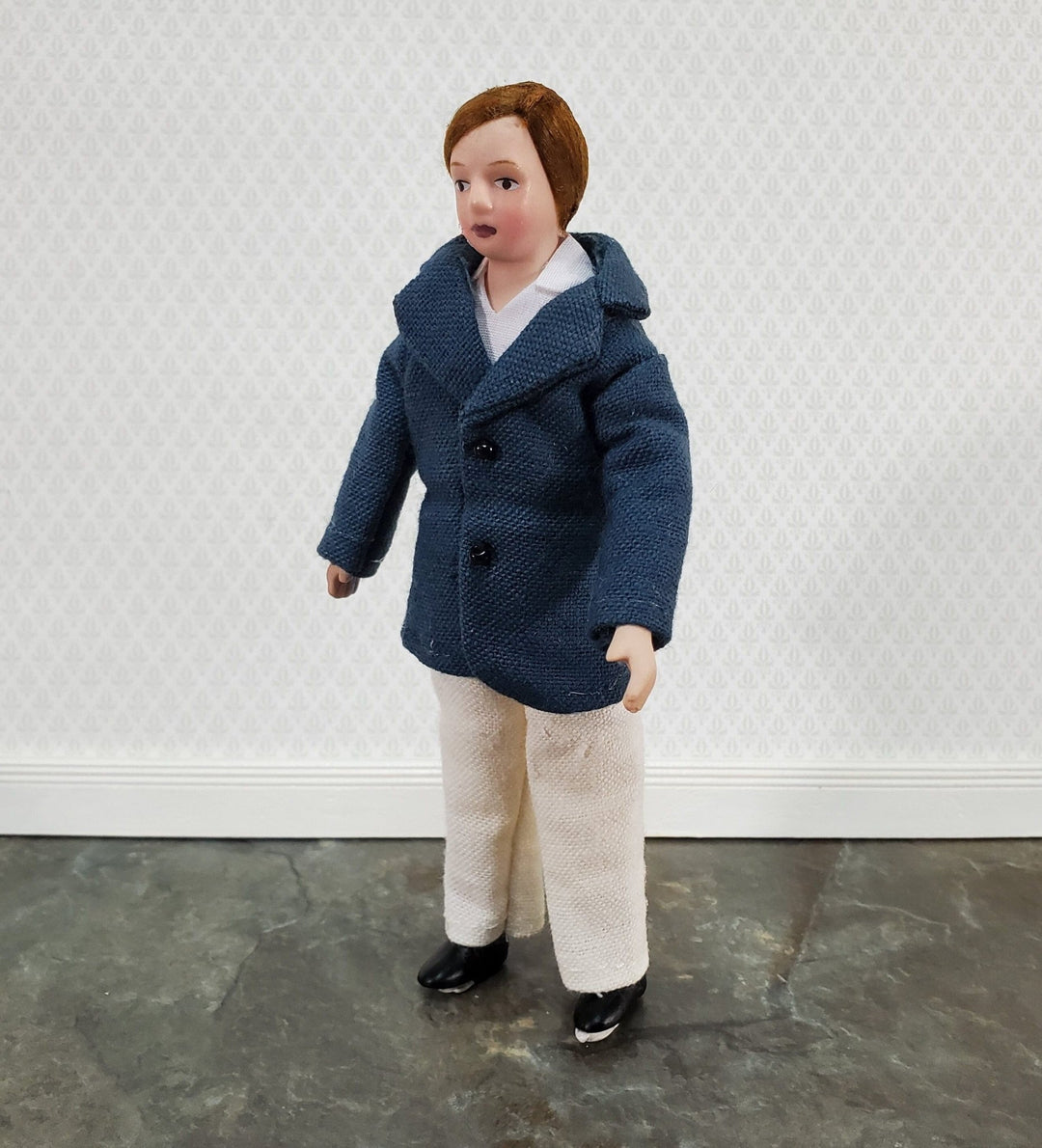 Dollhouse Man Modern Doll Porcelain Dad Father 1:12 Scale Blue Jacket - Miniature Crush