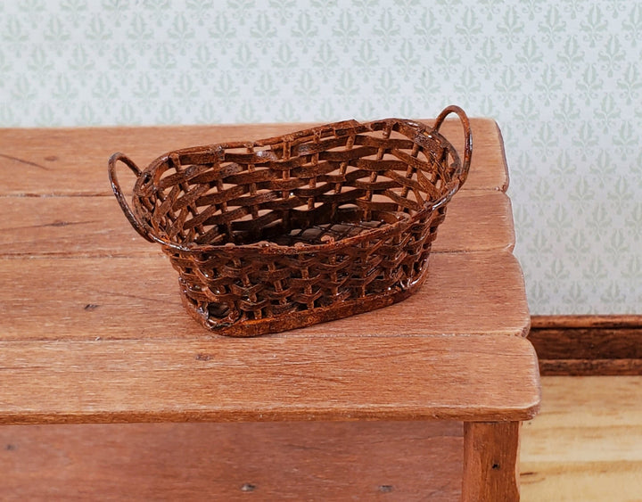 Dollhouse Metal Basket Large with Handles Rusted Aged 1:12 Scale Miniature - Miniature Crush