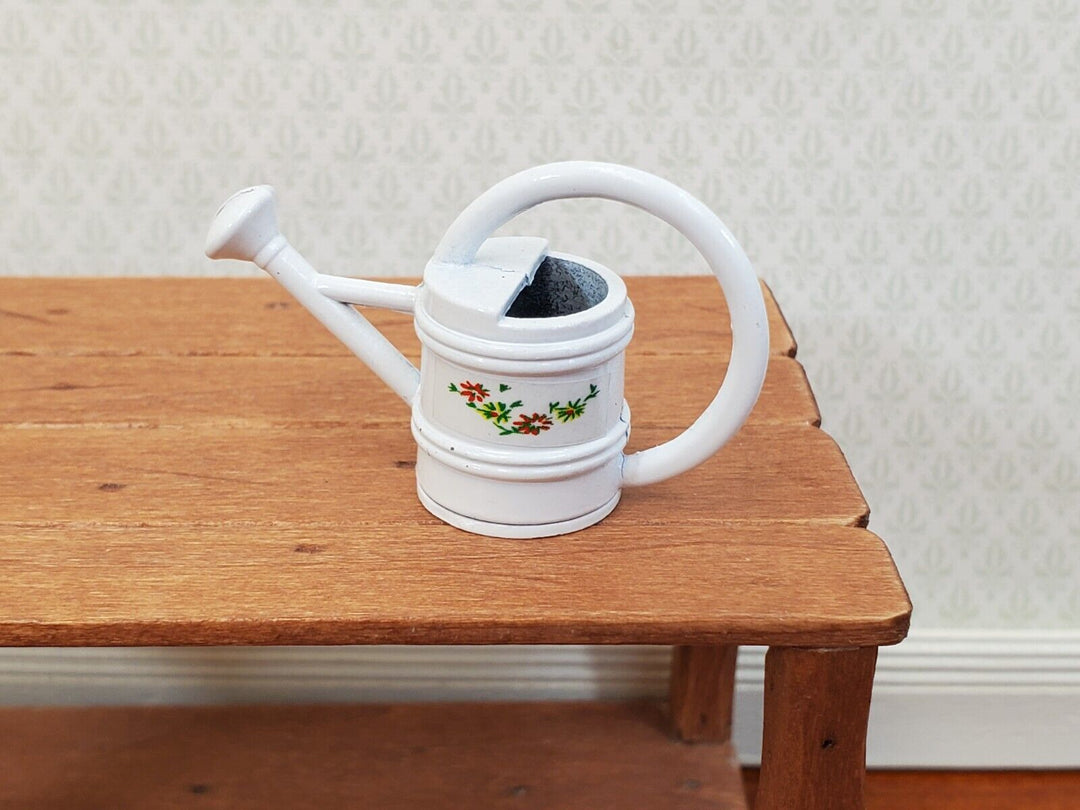 Dollhouse Metal Watering Can with Handle White w/ Flower Design 1:12 Scale Miniature Garden - Miniature Crush