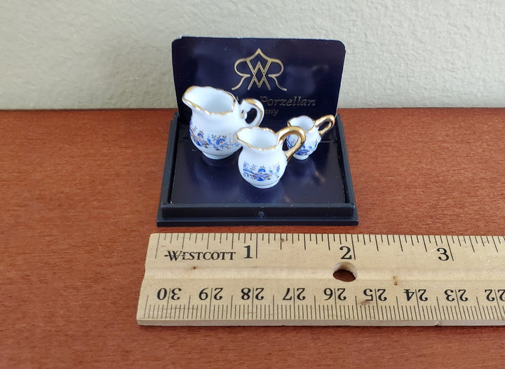 Dollhouse Miniature 3 Pitchers Reutter Porcelain 1:12 Scale Blue White Gold Jugs - Miniature Crush