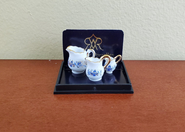 Dollhouse Miniature 3 Pitchers Reutter Porcelain 1:12 Scale Blue White Gold Jugs - Miniature Crush