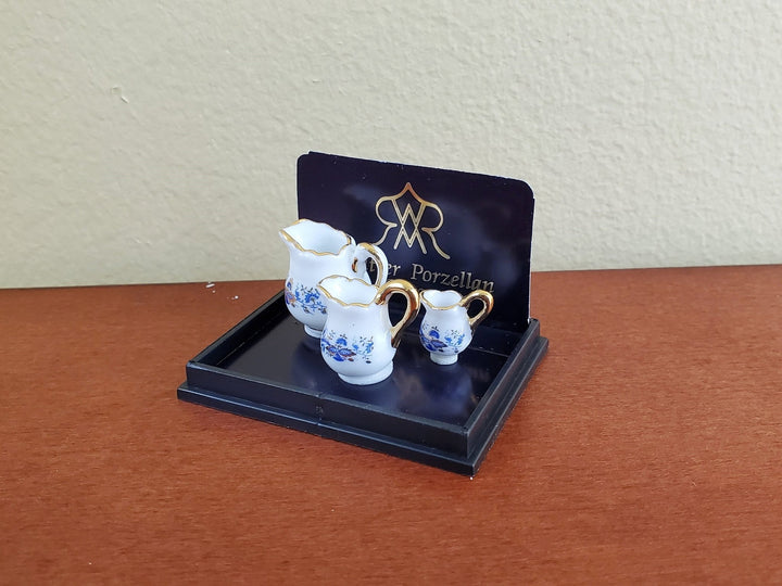 Dollhouse Miniature 3 Pitchers Reutter Porcelain 1:12 Scale Blue White Gold Jugs - Miniature Crush